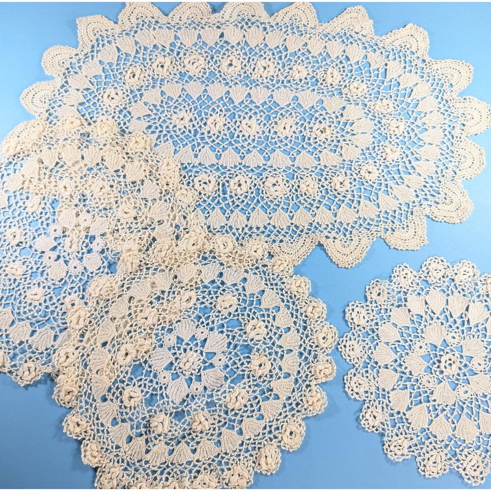 Antique hand made Irish crochet lace doilies mixed sizes set of 4, decorative